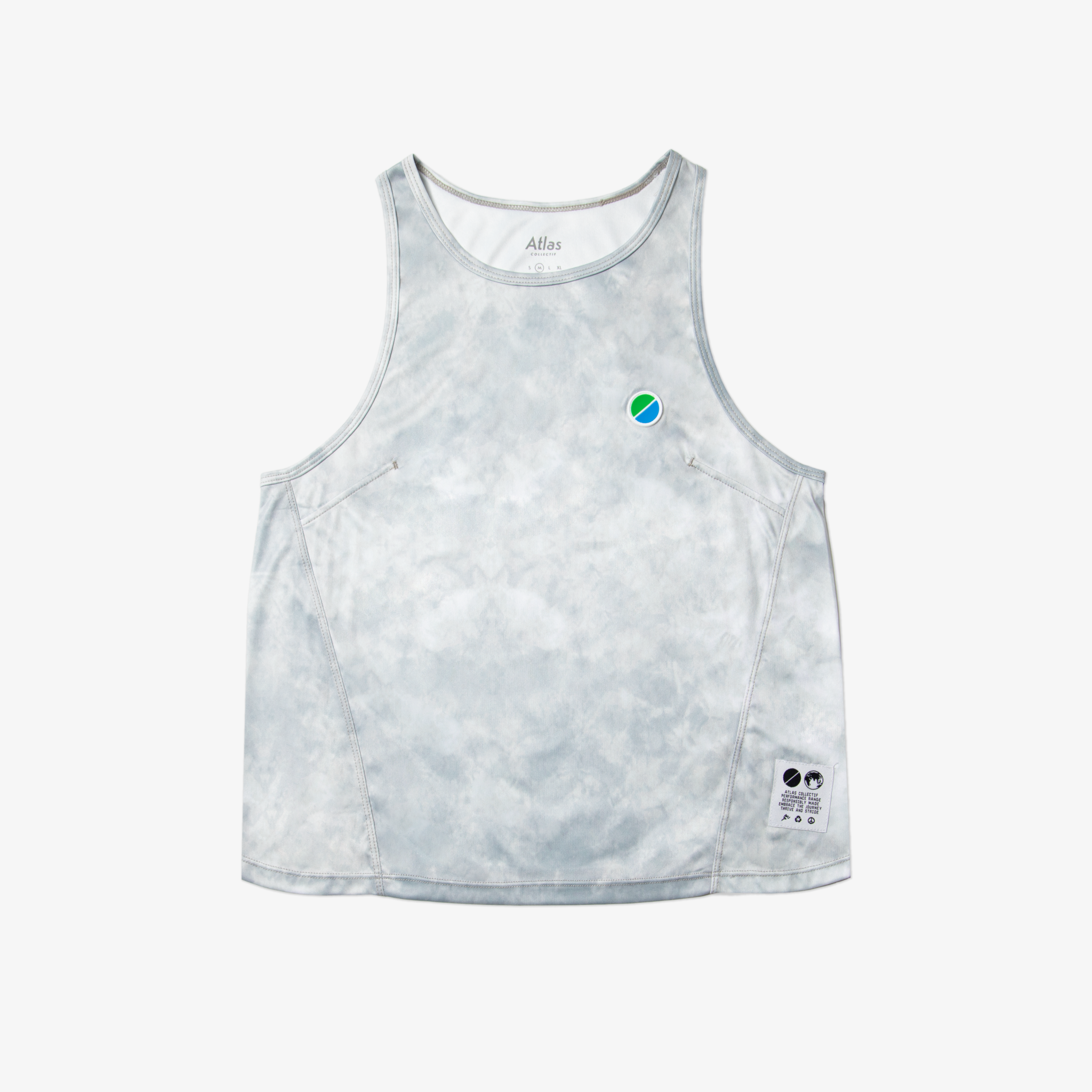V3 Core WMNS Race Tank in grey tie-dye with eco-friendly recycled polyester, lightweight and reflective details.